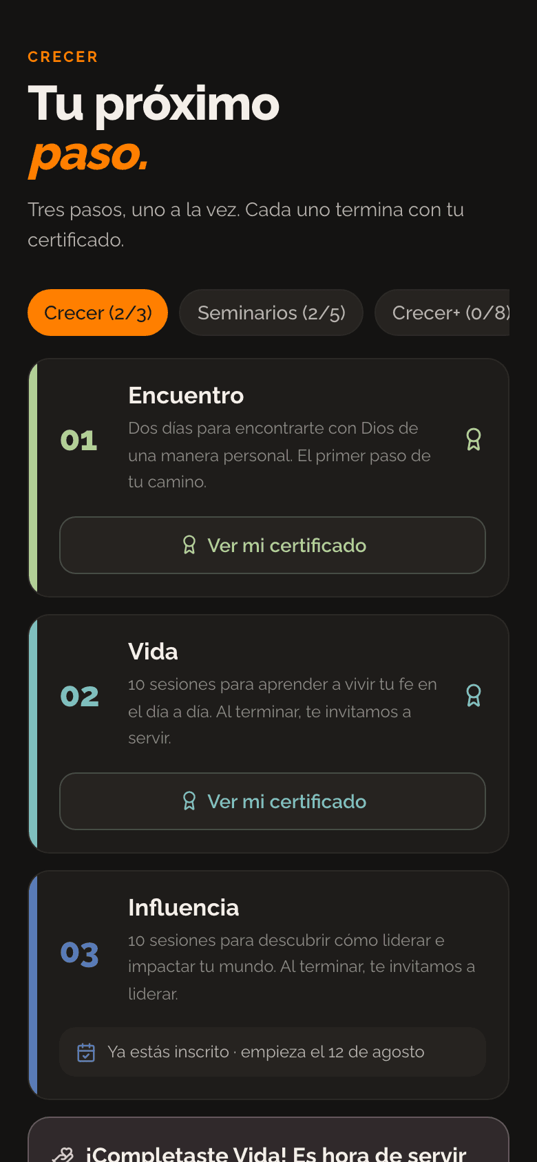 La pantalla de Crecer en la app, con los tres pasos y su avance