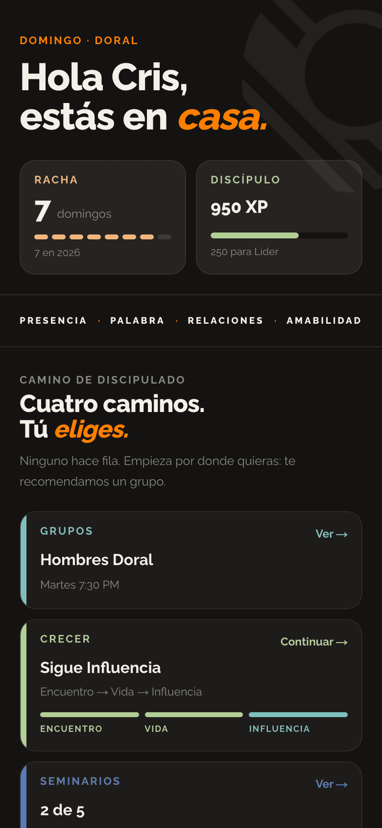 El inicio de la app: los cuatro caminos del discipulado